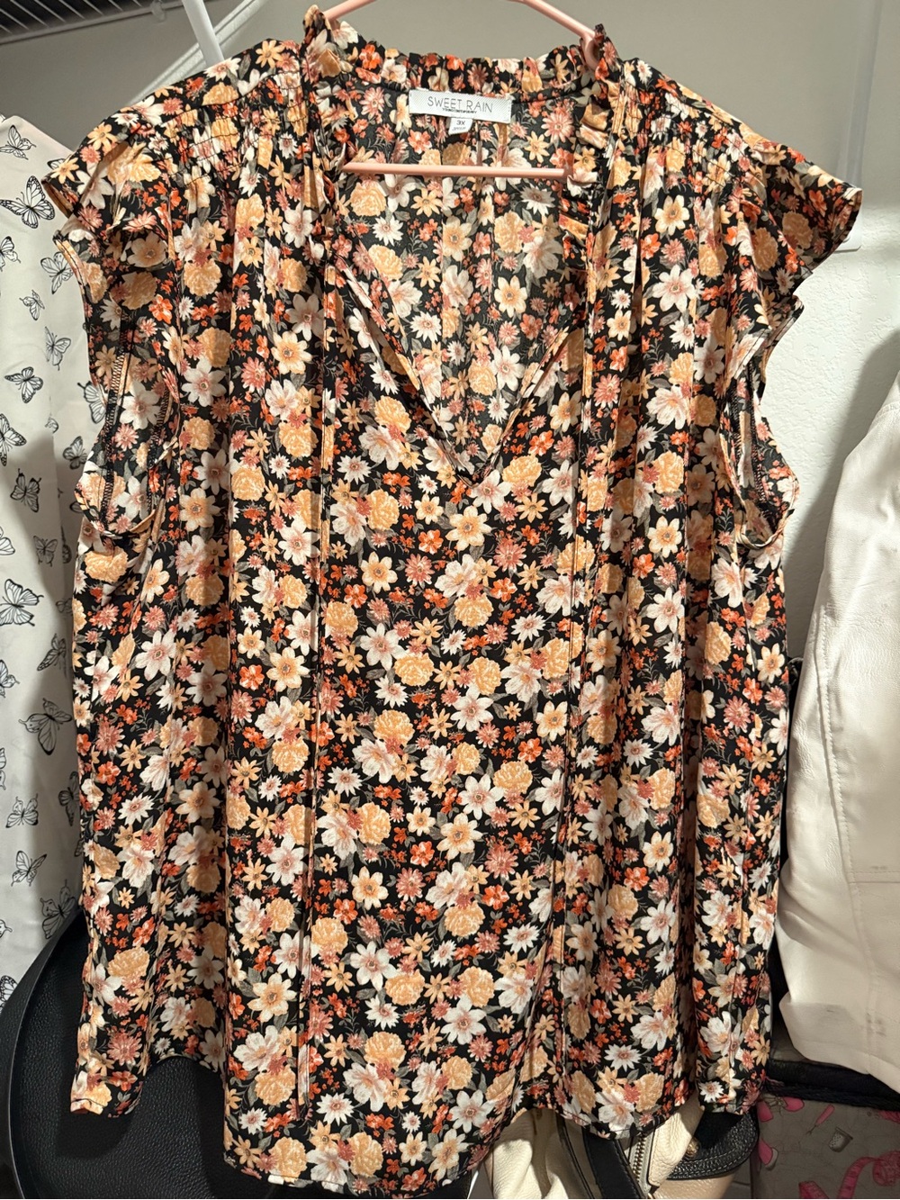 Sweet Rain Black Floral V-Neck Blouse with Orange & Cream Blooms